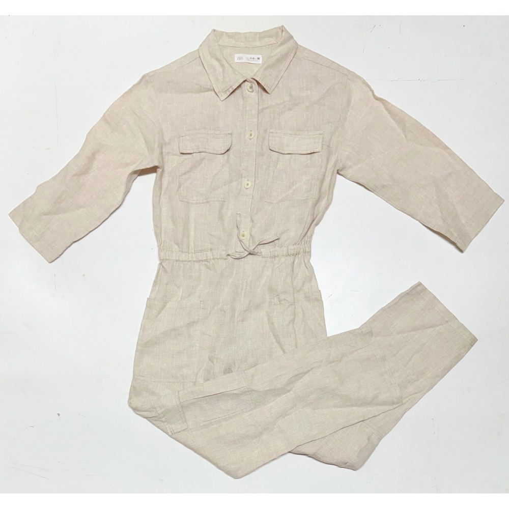 Zara Women's Tan Beige Jumpsuit Size 11-12 152‎ cm Long Sleeve Button Up Linen